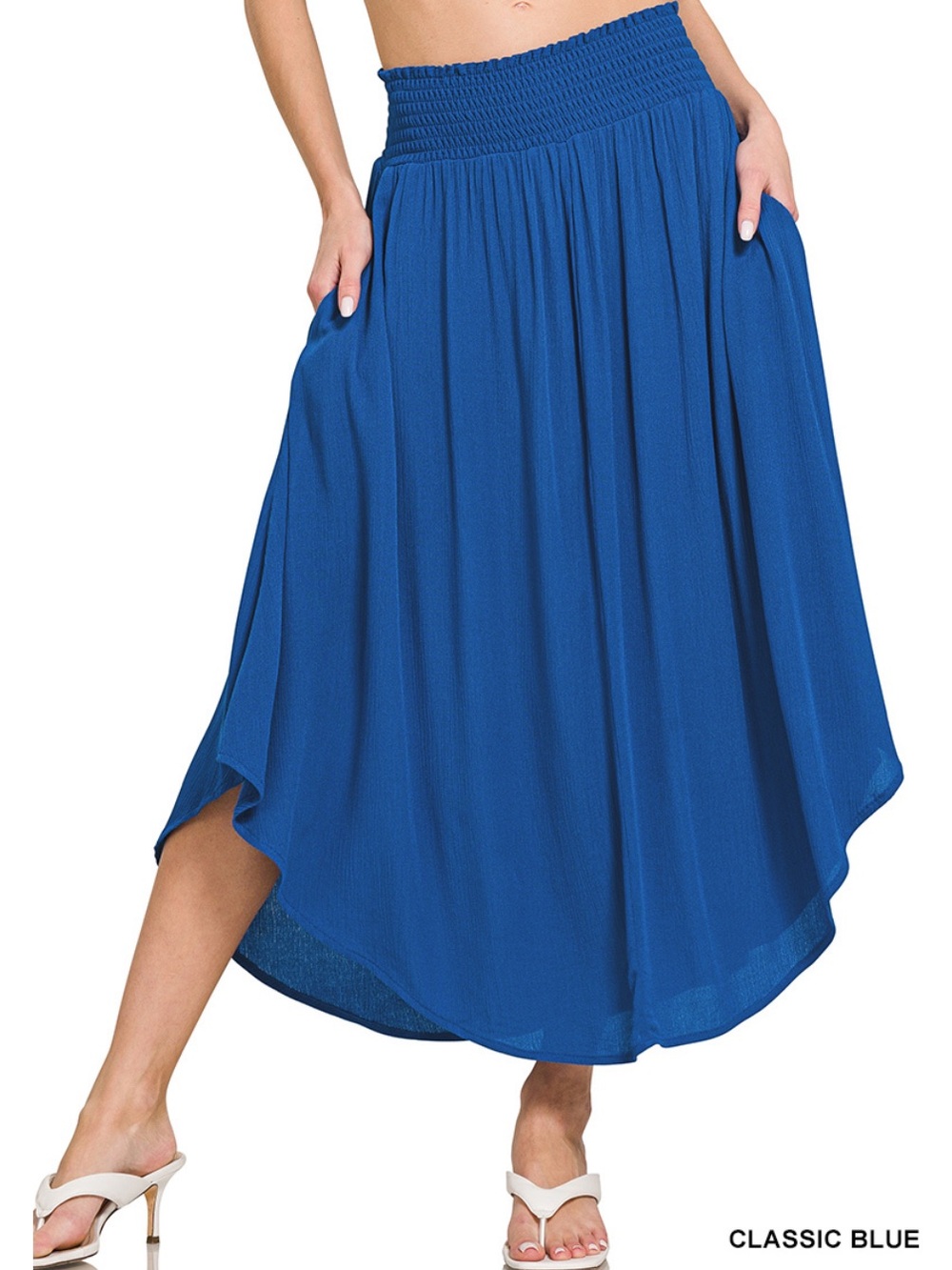 Zenana Outfitters Classic Blue High-Low Smocked Waist Skirt